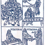 Figura 1. Descubrimiento de las razones de la consonancia por Tubal y Pitágoras. Gaffurio, Theorica musice, 1492.